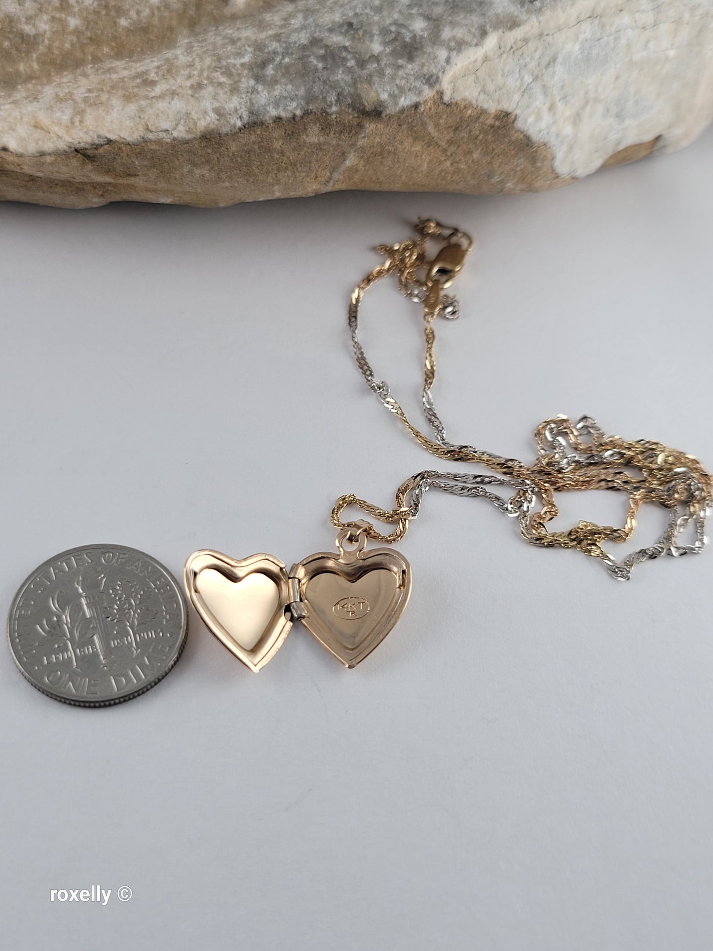14K Two-Tone of Gold Singapore Chain Necklace, and Heart-Shaped Locket, Made in Italy