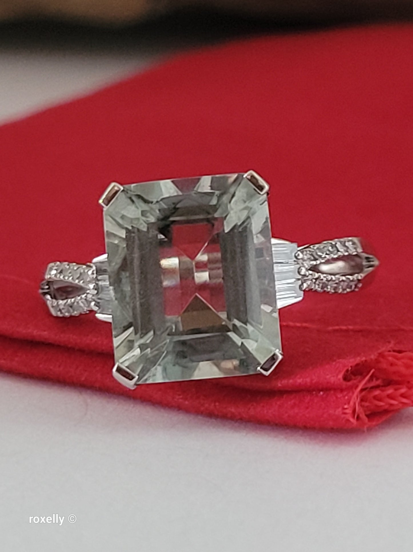EFFY 14K White Gold Green Amethyst & Diamond Ring Size 9, Baguette Round Diamonds