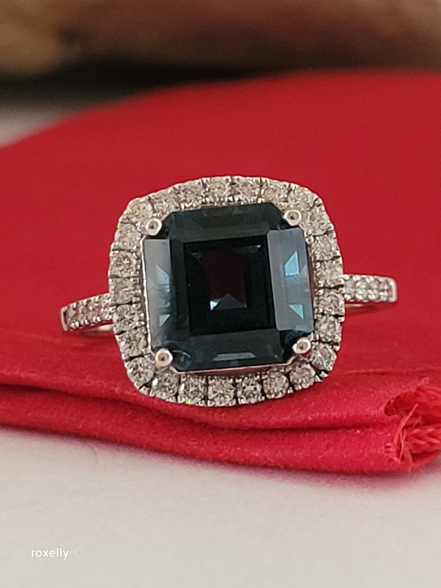 EFFY 14K Solid White Gold London Blue Topaz Diamond Ring, Asscher Cut Genuine Gemstone, Art Deco Style, 0.45ctw Diamonds - Size 7.75