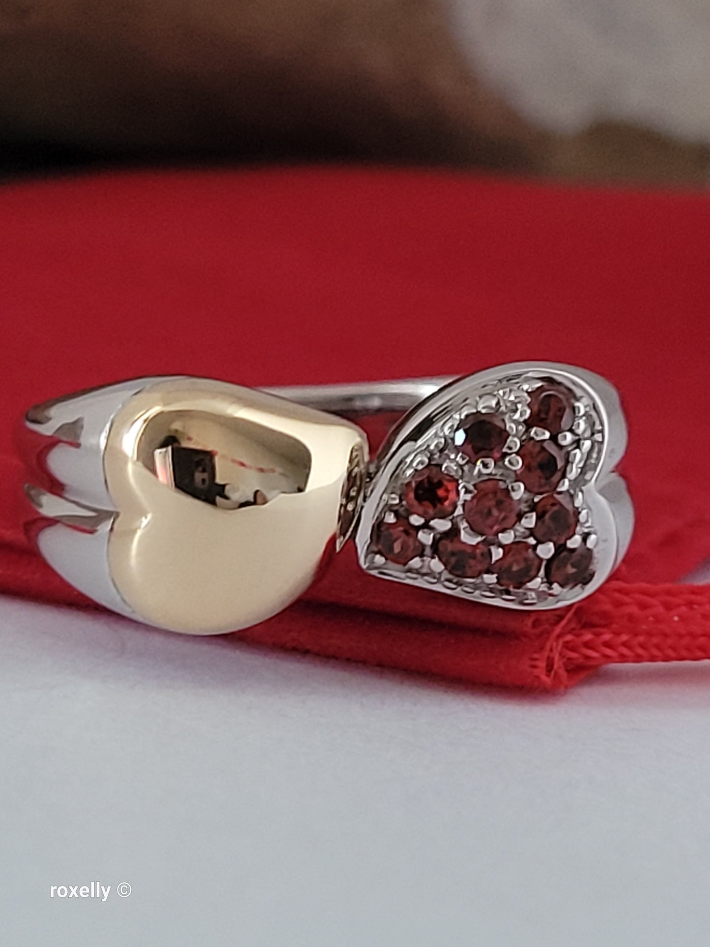 Sterling Silver 925 Double Heart Garnet Ring with 18K Yellow Gold Heart Size 8