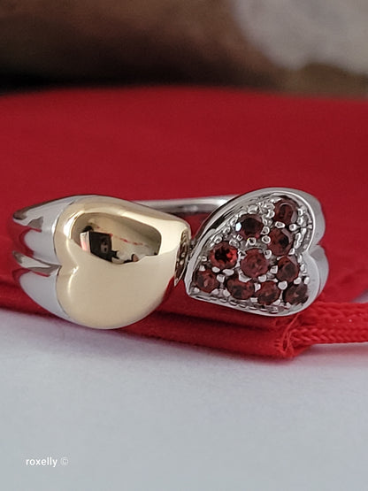 Sterling Silver 925 Double Heart Garnet Ring with 18K Yellow Gold Heart Size 8