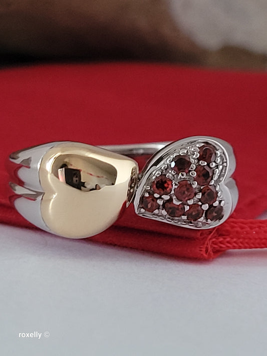 Sterling Silver 925 Double Heart Garnet Ring with 18K Yellow Gold Heart Size 8