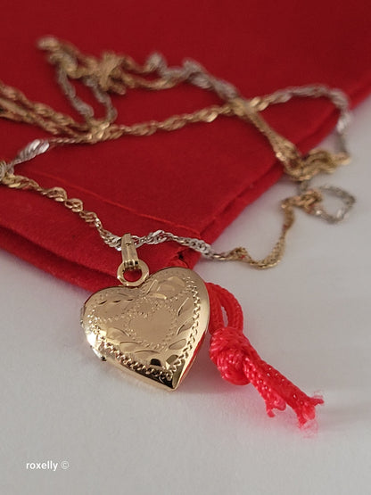 14K Two-Tone of Gold Singapore Chain Necklace, and Heart-Shaped Locket, Made in Italy