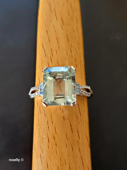 EFFY 14K White Gold Green Amethyst & Diamond Ring Size 9, Baguette Round Diamonds
