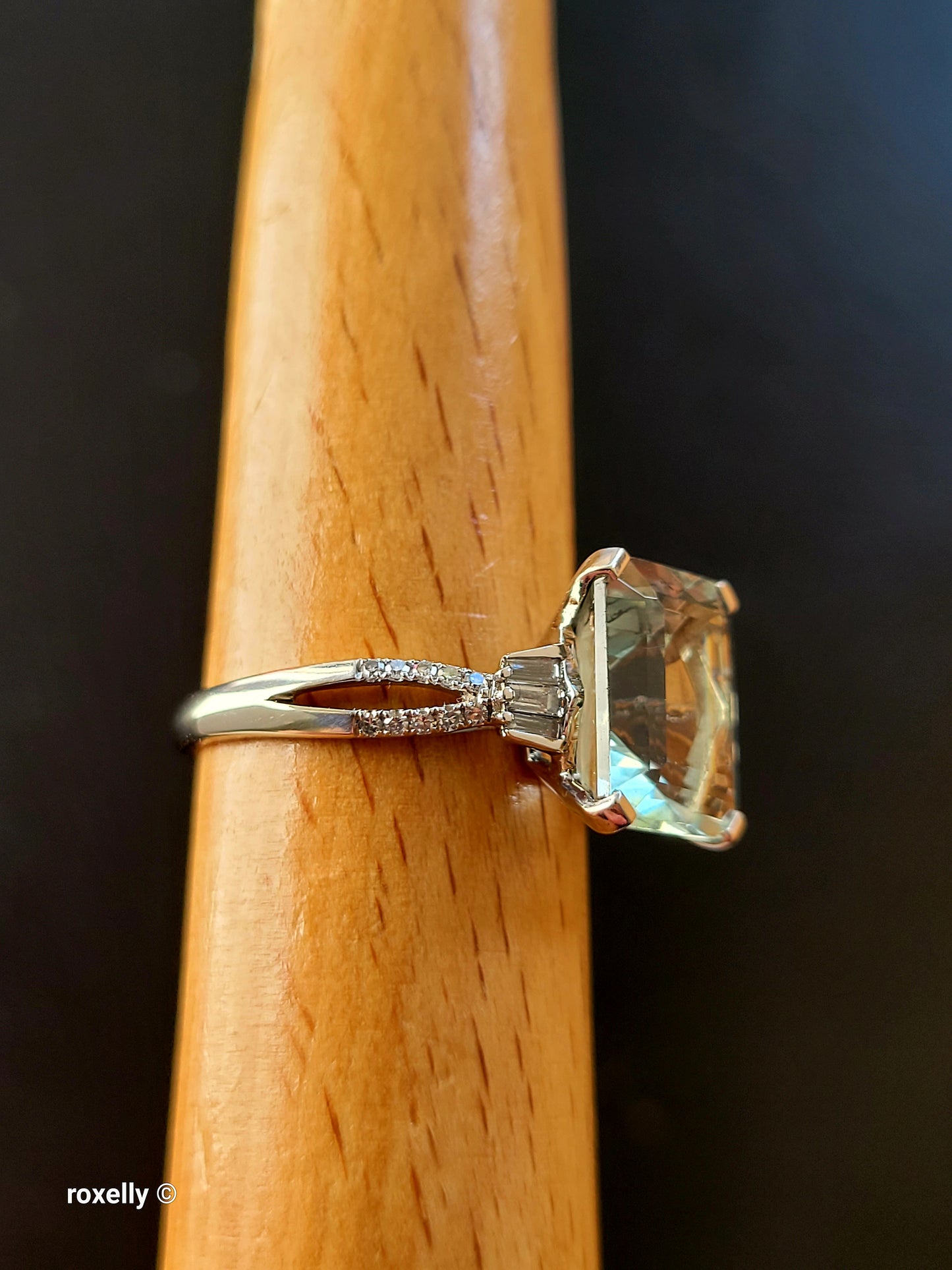 EFFY 14K White Gold Green Amethyst & Diamond Ring Size 9, Baguette Round Diamonds