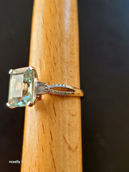 EFFY 14K White Gold Green Amethyst & Diamond Ring Size 9, Baguette Round Diamonds