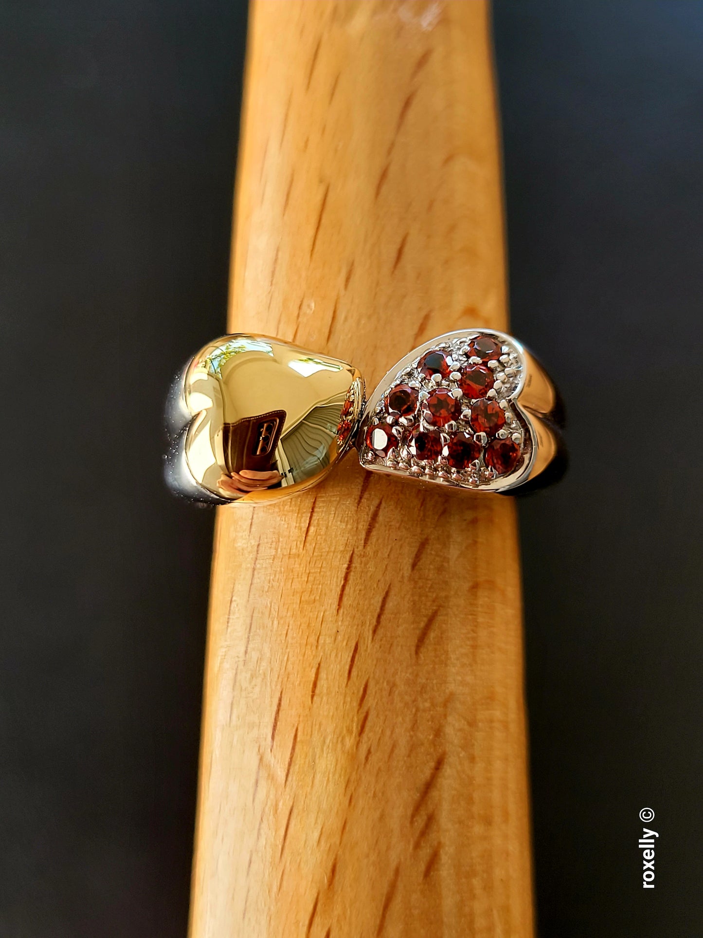 Sterling Silver 925 Double Heart Garnet Ring with 18K Yellow Gold Heart Size 8