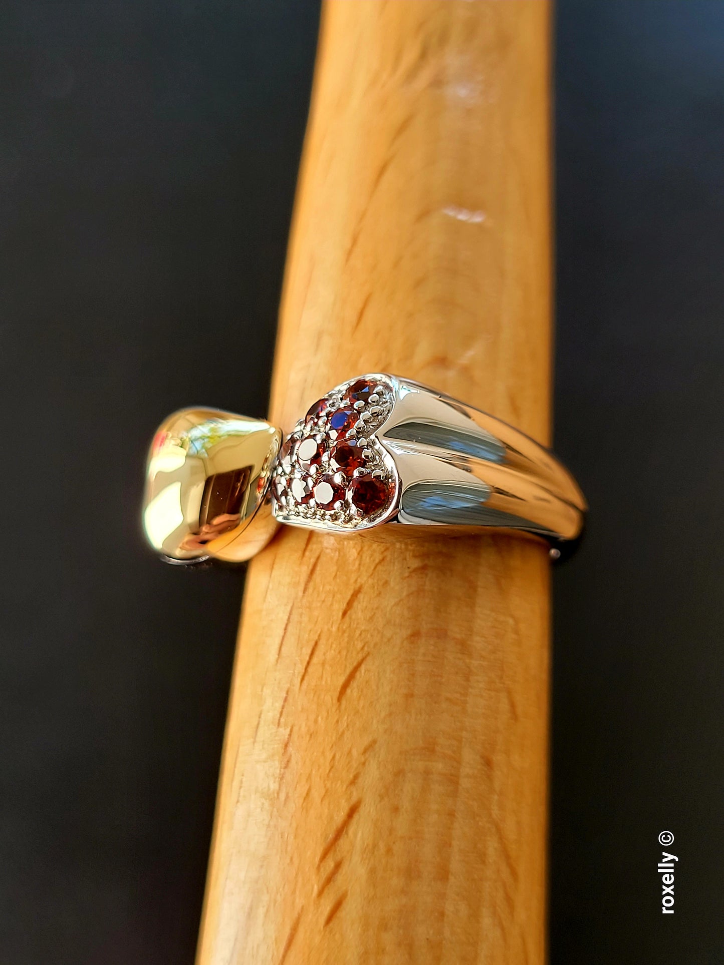 Sterling Silver 925 Double Heart Garnet Ring with 18K Yellow Gold Heart Size 8