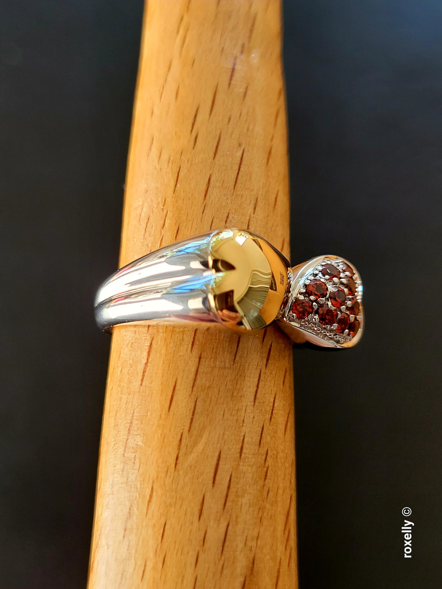 Sterling Silver 925 Double Heart Garnet Ring with 18K Yellow Gold Heart Size 8