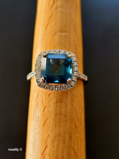 EFFY 14K Solid White Gold London Blue Topaz Diamond Ring, Asscher Cut Genuine Gemstone, Art Deco Style, 0.45ctw Diamonds - Size 7.75