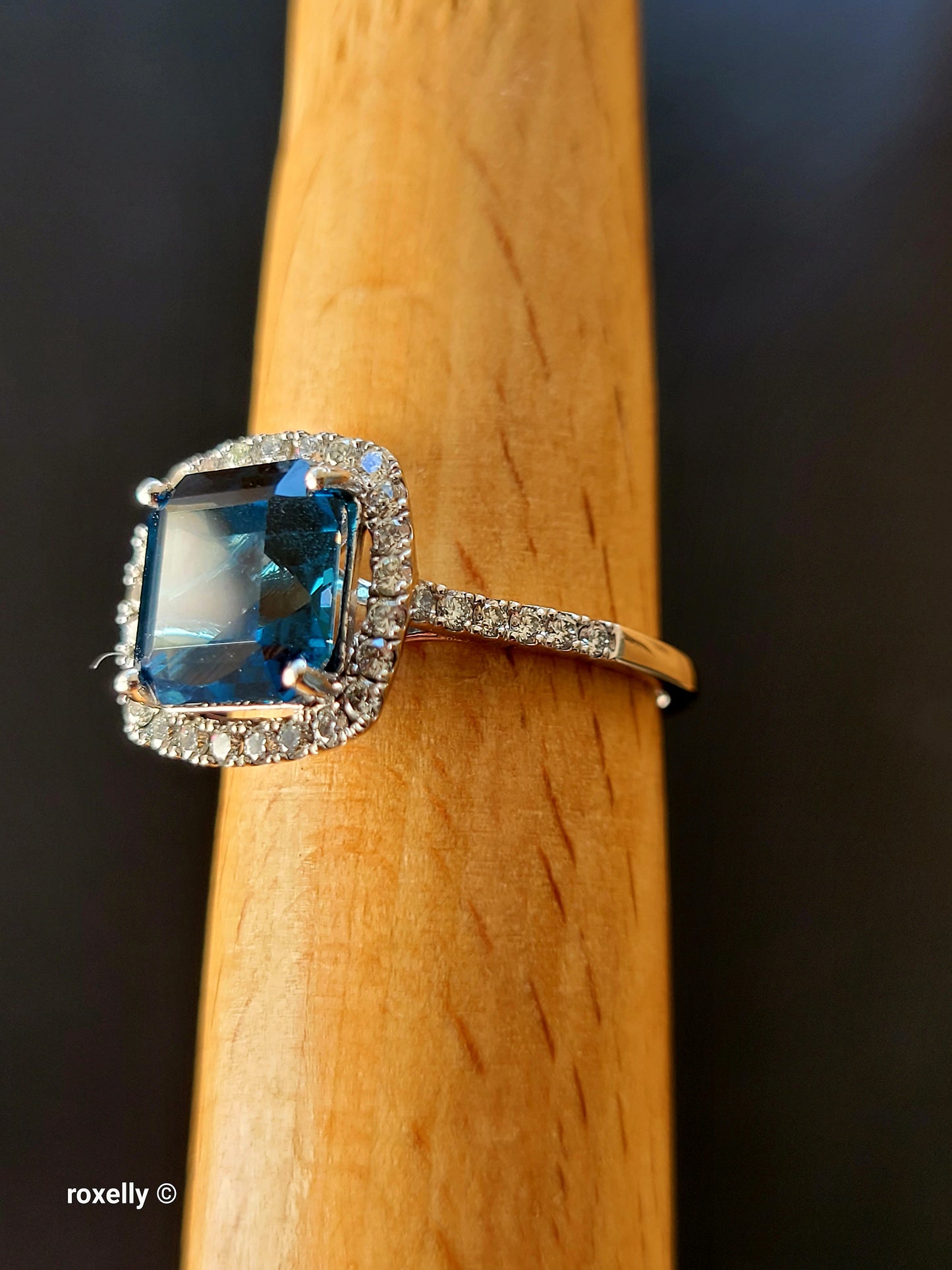 EFFY 14K Solid White Gold London Blue Topaz Diamond Ring, Asscher Cut Genuine Gemstone, Art Deco Style, 0.45ctw Diamonds - Size 7.75
