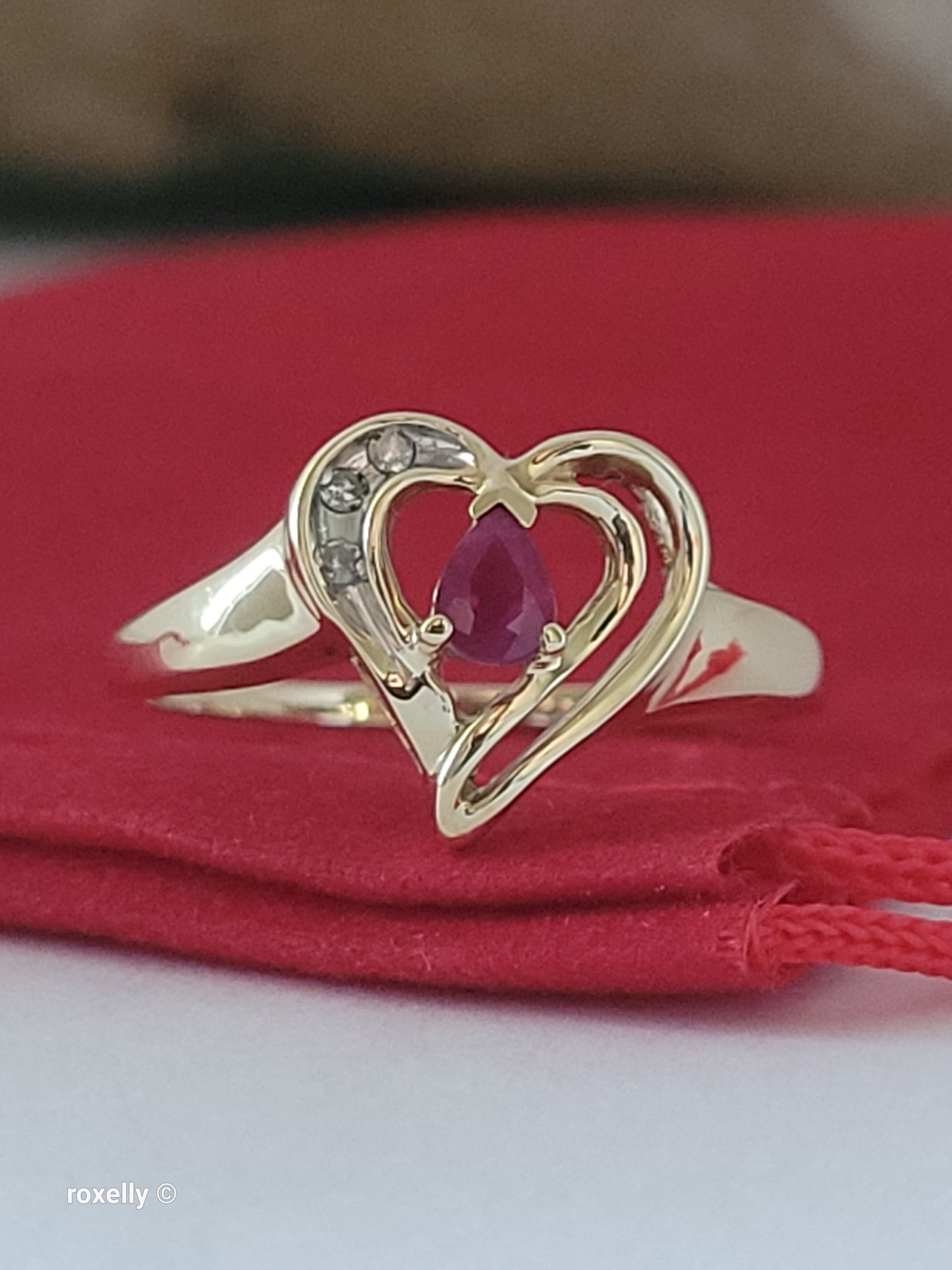 10K Yellow Gold Heart-Shaped Ruby and Diamonds Ring Size 7, Solid Gold
