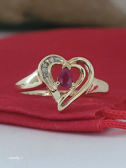 10K Yellow Gold Heart-Shaped Ruby and Diamonds Ring Size 7, Solid Gold