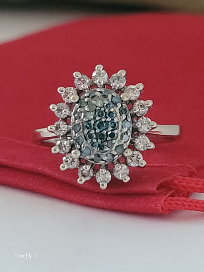 Vintage EFFY 14K White Gold Blue & White Natural Diamond Cluster Ring Size 7