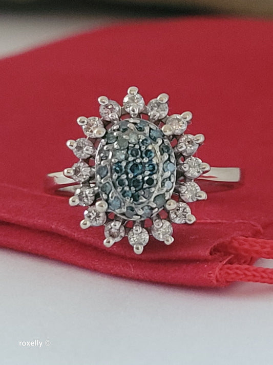 Vintage EFFY 14K White Gold Blue & White Natural Diamond Cluster Ring Size 7