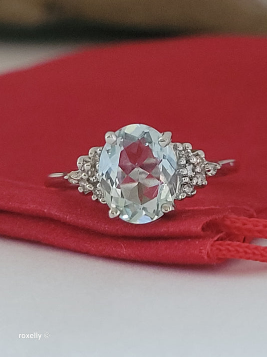 10K White Gold Aquamarine and Diamonds Ring Size 6.75, Solid Gold