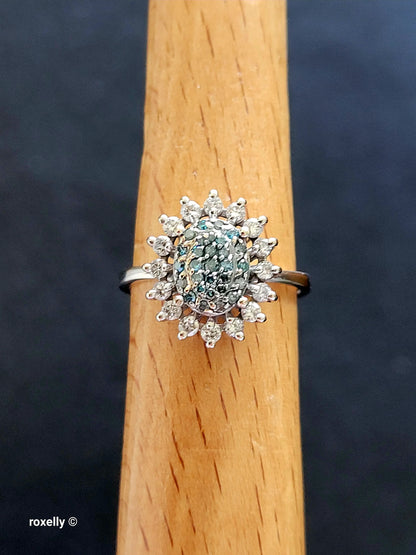 Vintage EFFY 14K White Gold Blue & White Natural Diamond Cluster Ring Size 7