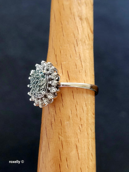 Vintage EFFY 14K White Gold Blue & White Natural Diamond Cluster Ring Size 7