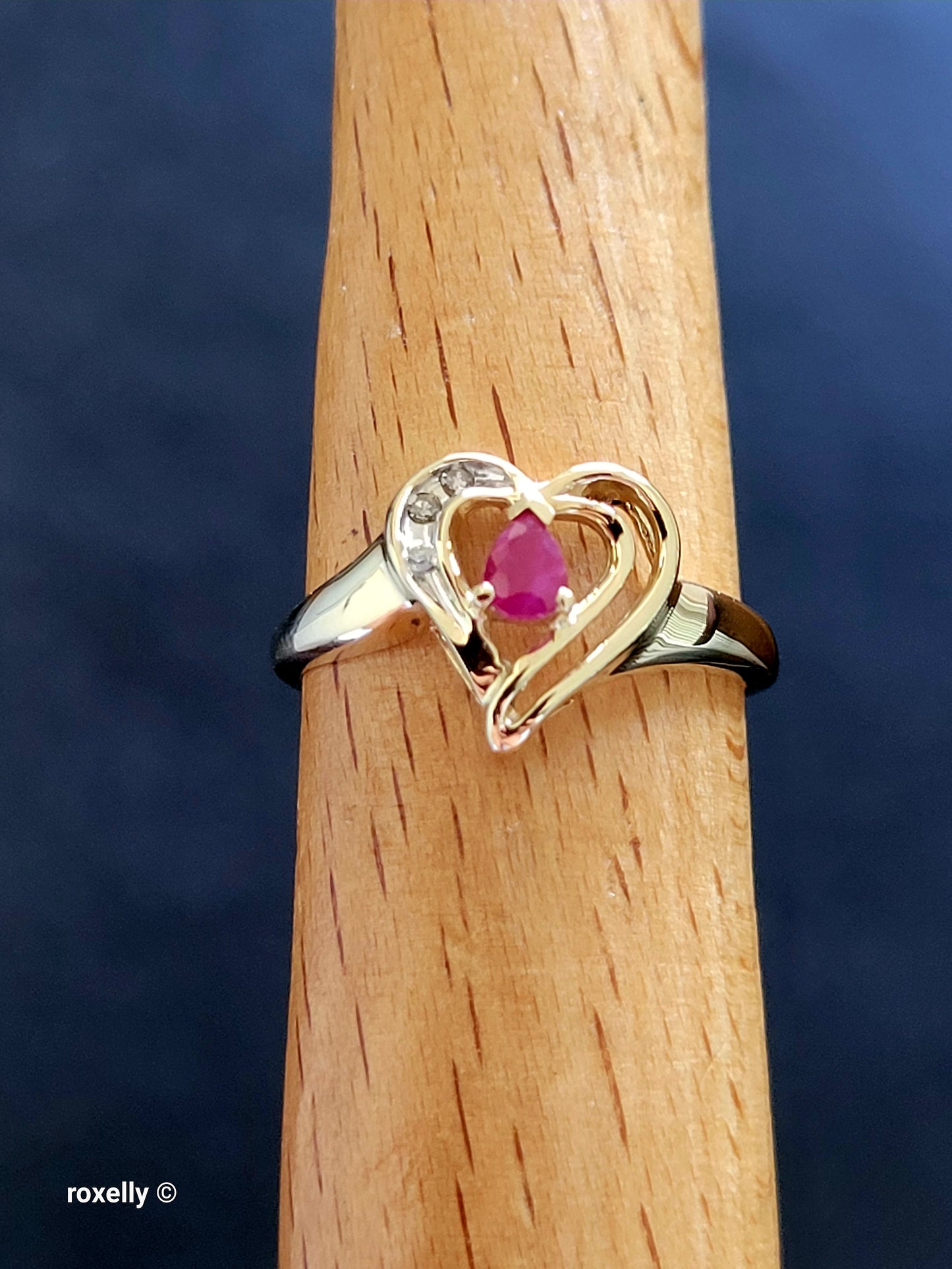 10K Yellow Gold Heart-Shaped Ruby and Diamonds Ring Size 7, Solid Gold