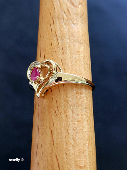 10K Yellow Gold Heart-Shaped Ruby and Diamonds Ring Size 7, Solid Gold