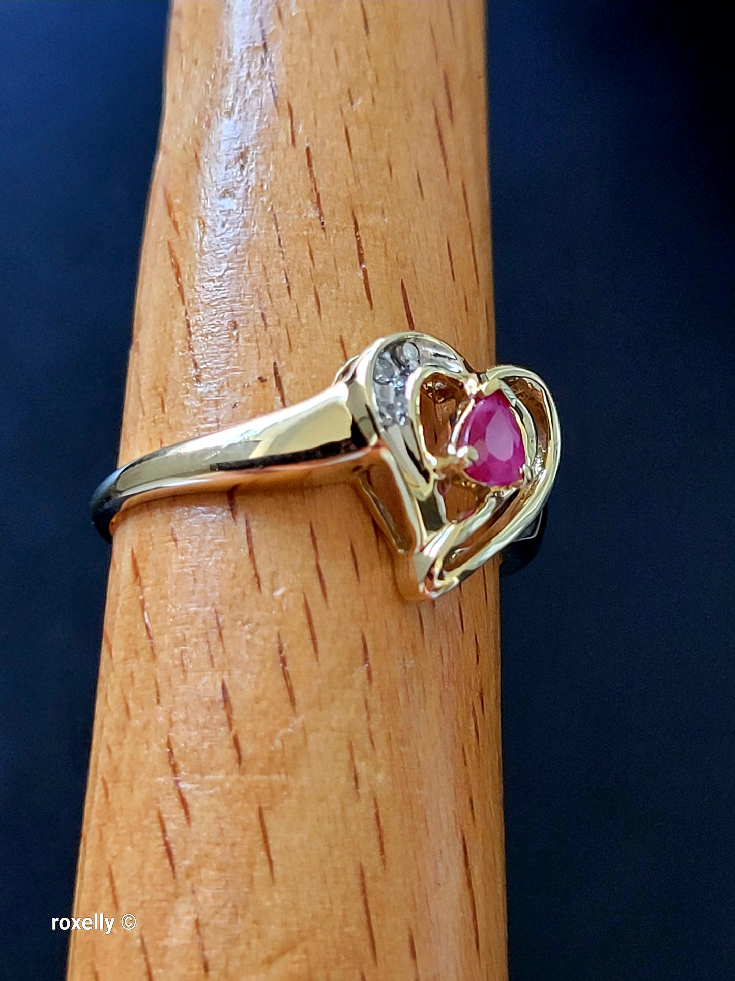 10K Yellow Gold Heart-Shaped Ruby and Diamonds Ring Size 7, Solid Gold