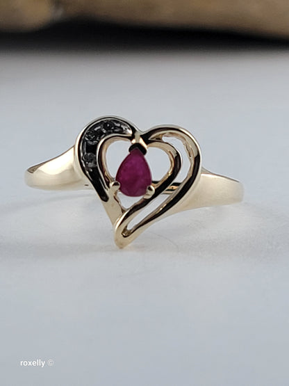 10K Yellow Gold Heart-Shaped Ruby and Diamonds Ring Size 7, Solid Gold