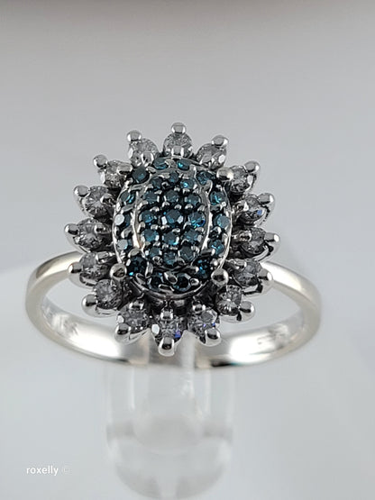 Vintage EFFY 14K White Gold Blue & White Natural Diamond Cluster Ring Size 7