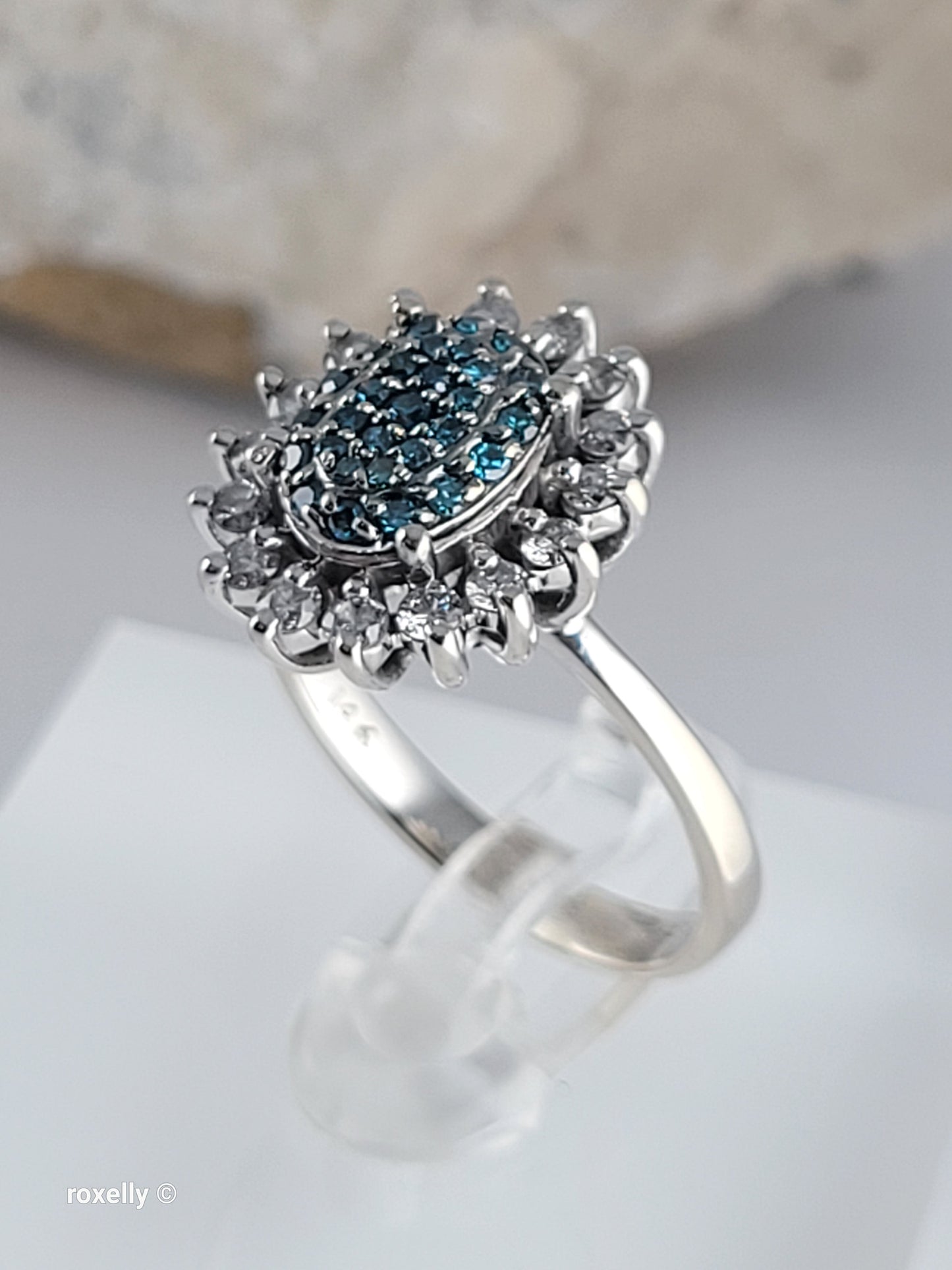 Vintage EFFY 14K White Gold Blue & White Natural Diamond Cluster Ring Size 7