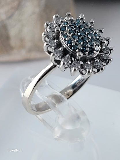 Vintage EFFY 14K White Gold Blue & White Natural Diamond Cluster Ring Size 7