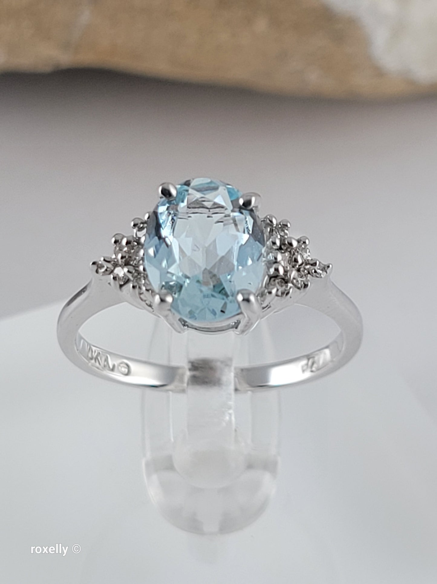 10K White Gold Aquamarine and Diamonds Ring Size 6.75, Solid Gold