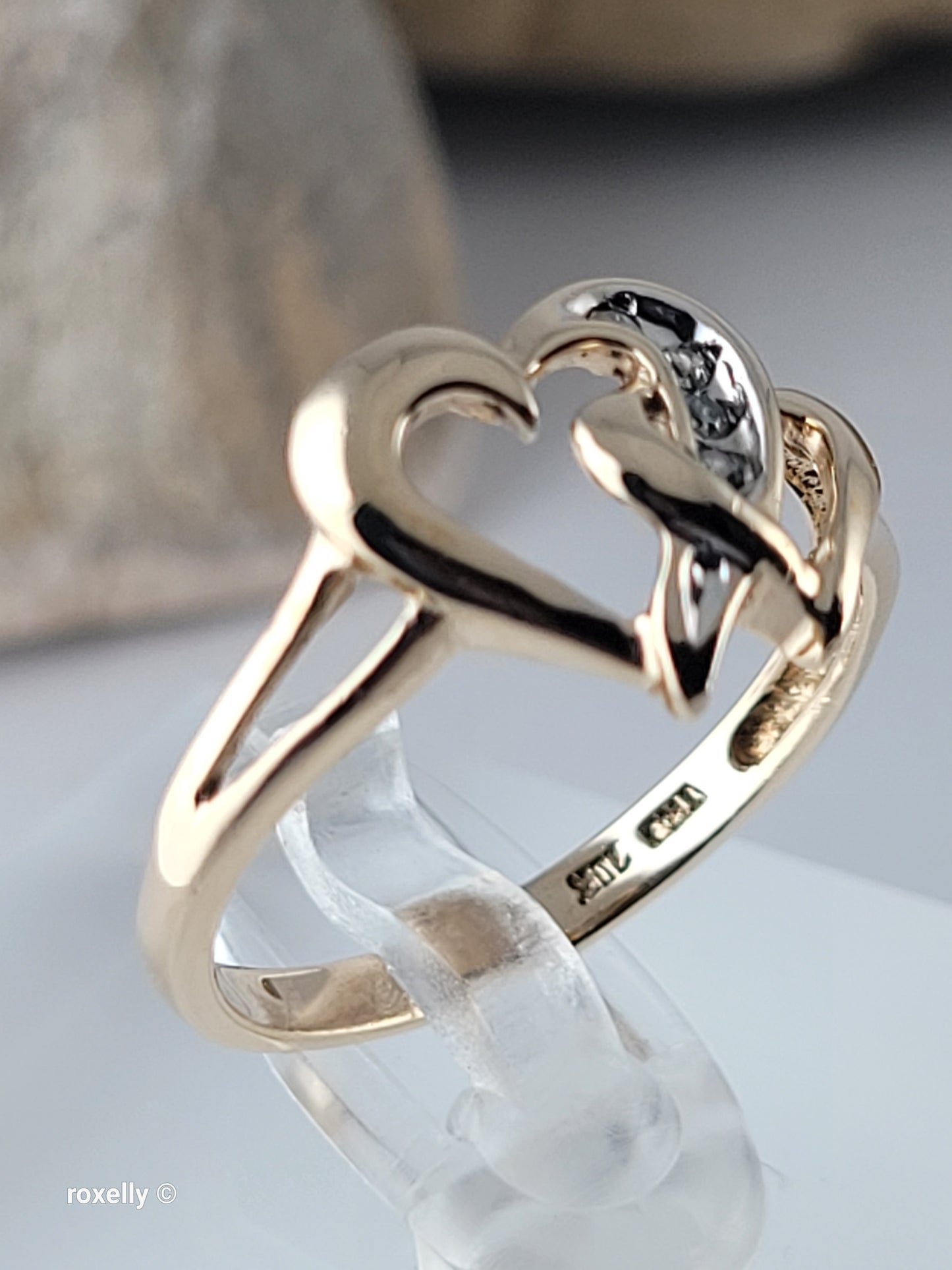 10K Yellow Gold  Two intertwined hearts Diamonds  Ring Size 6.75, Solid Gold