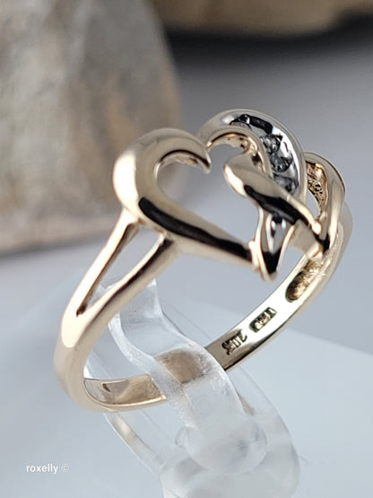 10K Yellow Gold  Two intertwined hearts Diamonds  Ring Size 6.75, Solid Gold