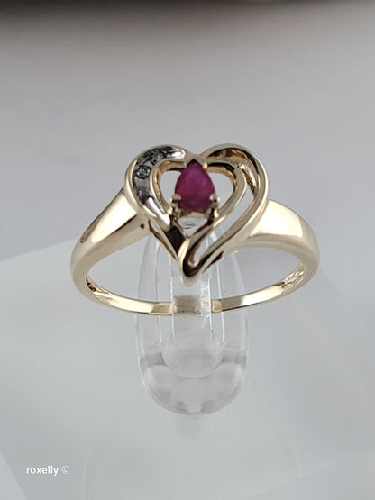 10K Yellow Gold Heart-Shaped Ruby and Diamonds Ring Size 7, Solid Gold