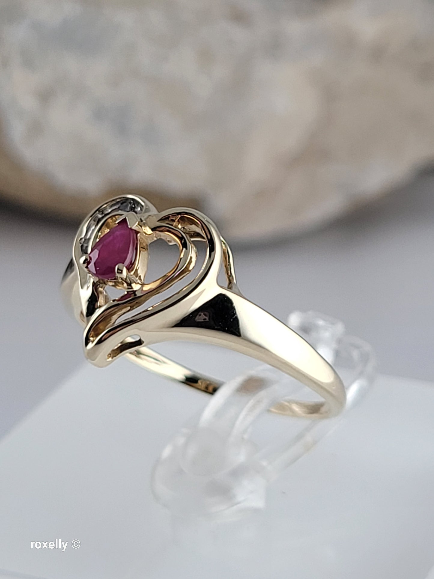 10K Yellow Gold Heart-Shaped Ruby and Diamonds Ring Size 7, Solid Gold