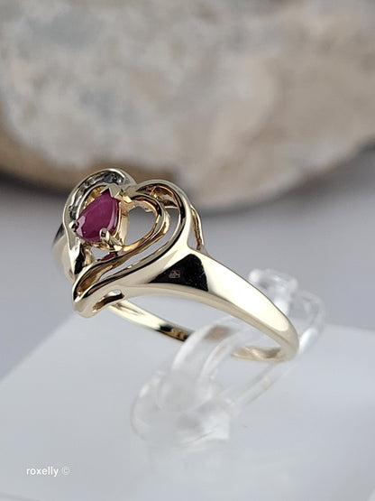 10K Yellow Gold Heart-Shaped Ruby and Diamonds Ring Size 7, Solid Gold