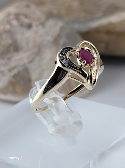 10K Yellow Gold Heart-Shaped Ruby and Diamonds Ring Size 7, Solid Gold