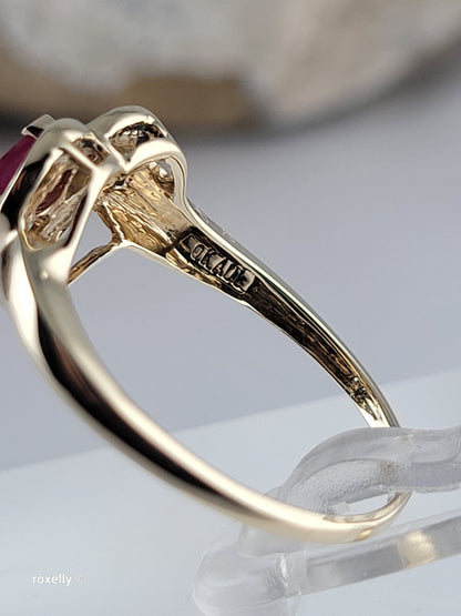 10K Yellow Gold Heart-Shaped Ruby and Diamonds Ring Size 7, Solid Gold