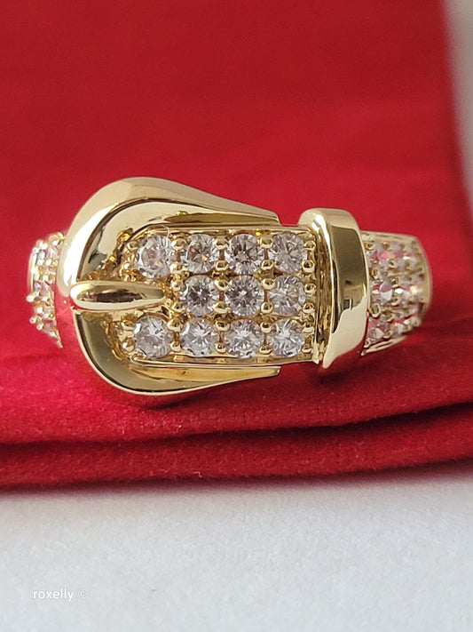 14K Yellow Gold Belt Buckle Cubic Zirconia  Band Ring Size 7, Solid Gold