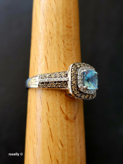 Le Vian 14K White Gold Aquamarine Chocolate & Vanilla Diamond Ring Size 8.75