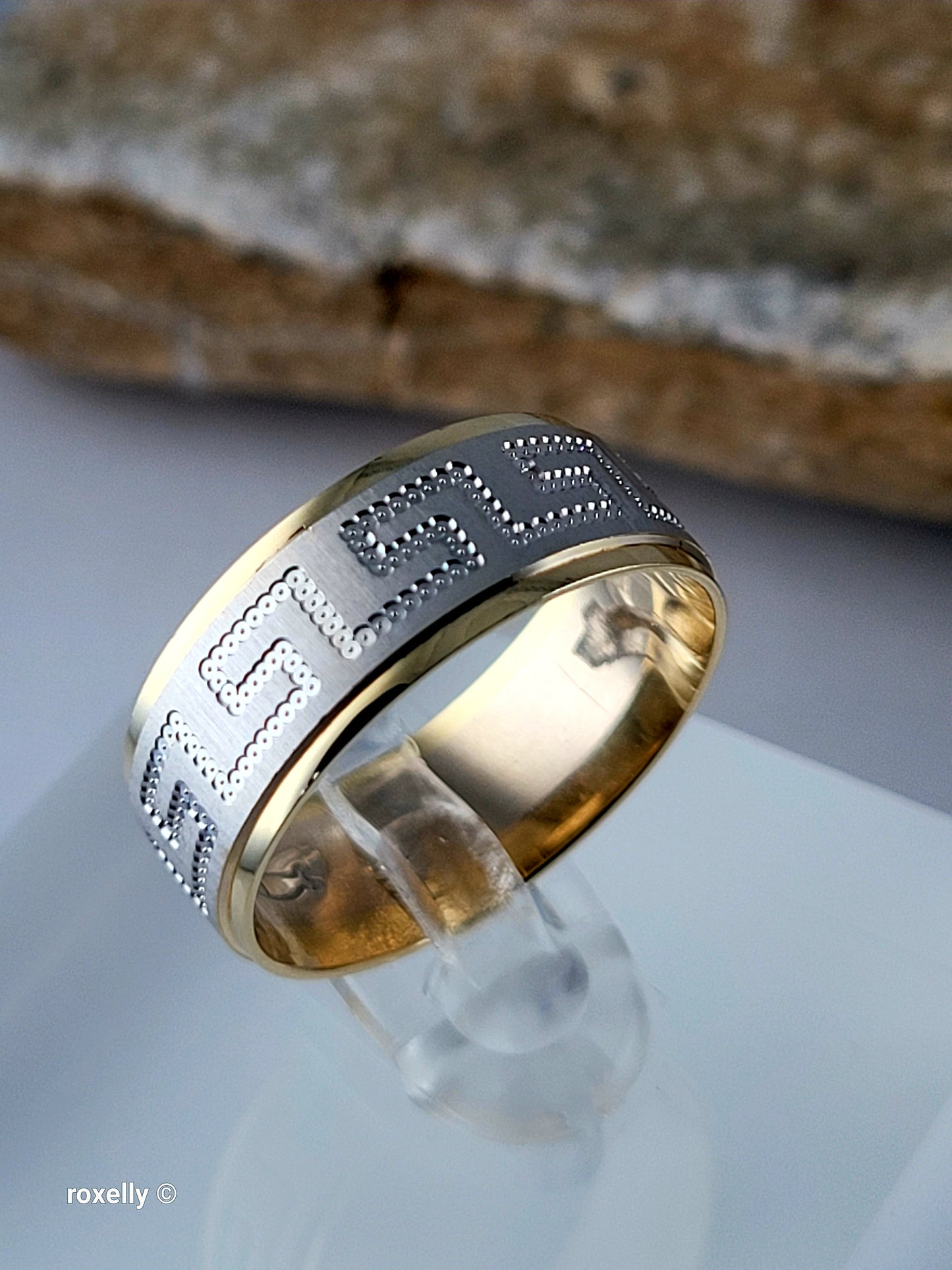 14k Two-Tone Greek Key Design Band Ring Size 7.5, Solid Gold