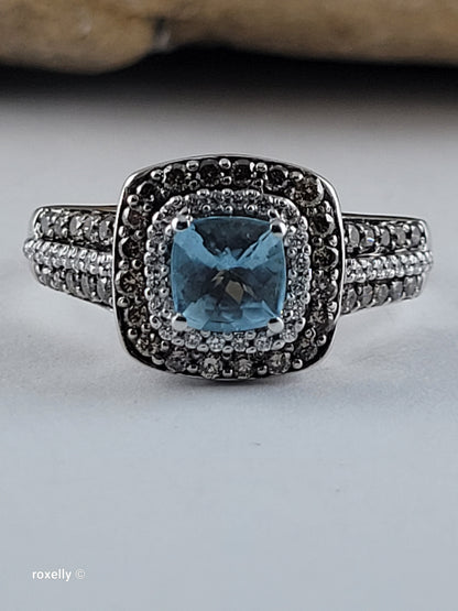 Le Vian 14K White Gold Aquamarine Chocolate & Vanilla Diamond Ring Size 8.75