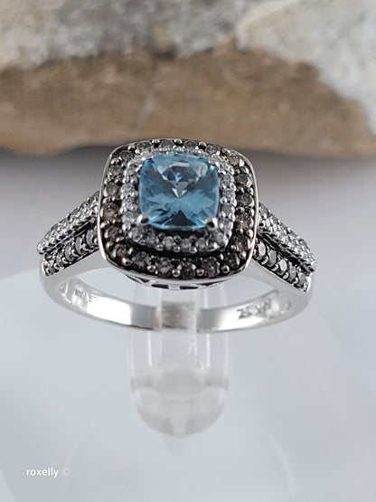 Le Vian 14K White Gold Aquamarine Chocolate & Vanilla Diamond Ring Size 8.75
