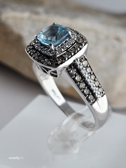 Le Vian 14K White Gold Aquamarine Chocolate & Vanilla Diamond Ring Size 8.75