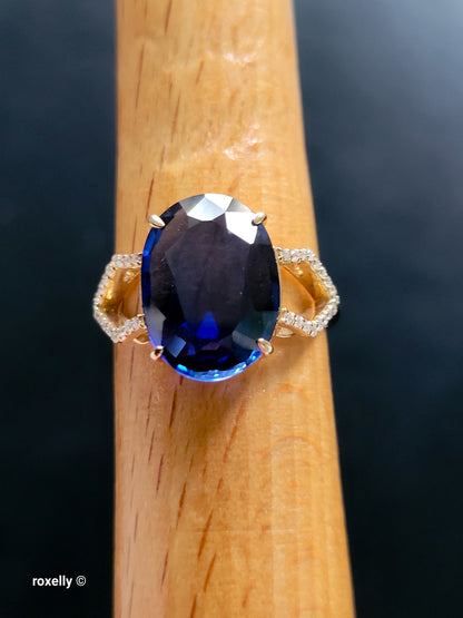 14K Yellow Gold Blue Sapphire and Diamonds Ring Size 6.75, Solid Gold