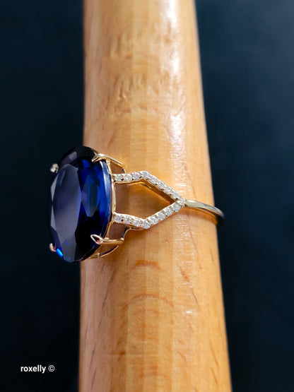 14K Yellow Gold Blue Sapphire and Diamonds Ring Size 6.75, Solid Gold