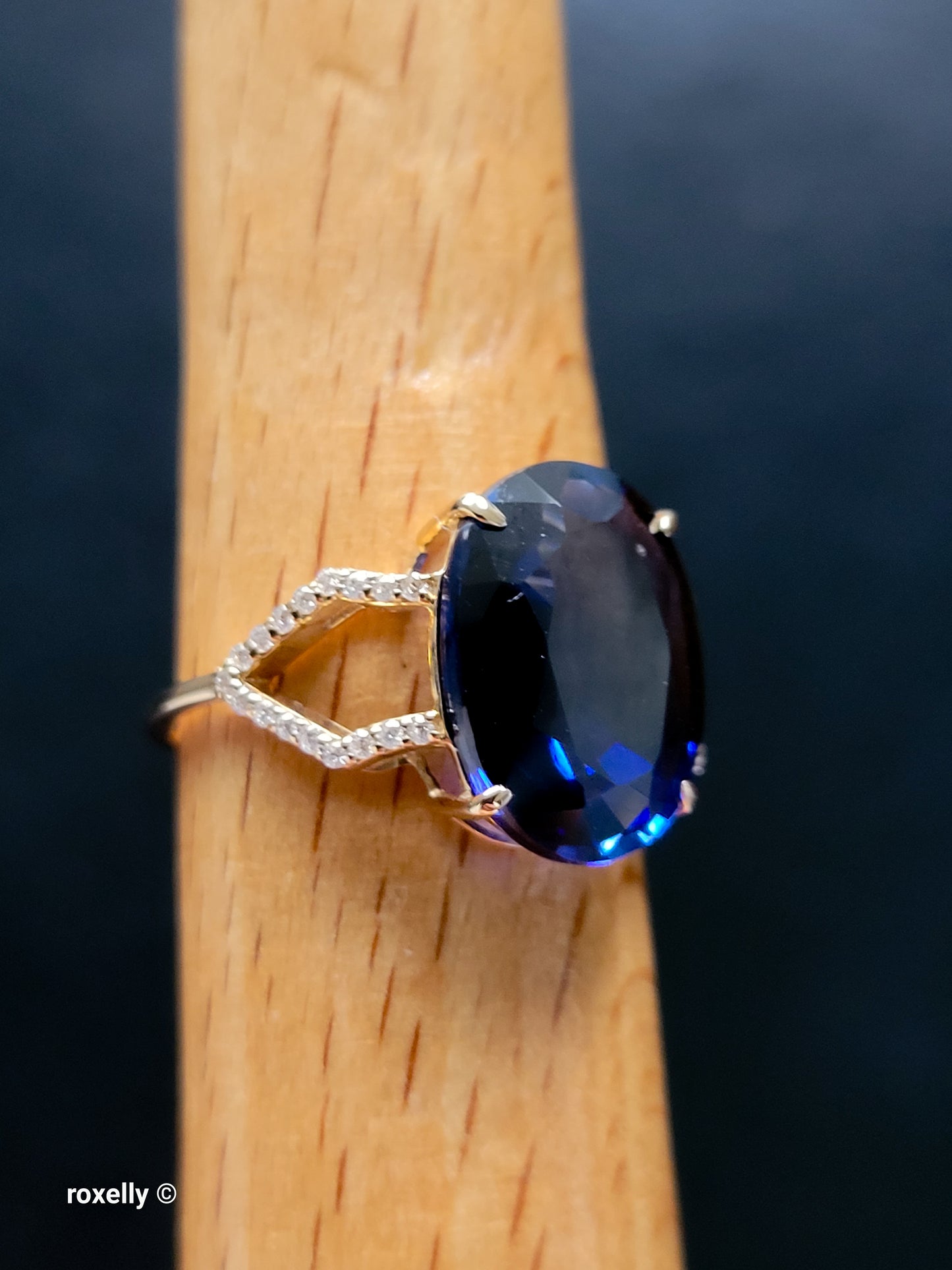 14K Yellow Gold Blue Sapphire and Diamonds Ring Size 6.75, Solid Gold