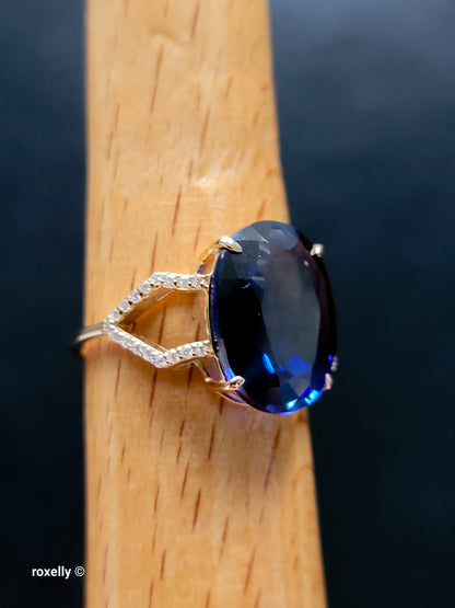 14K Yellow Gold Blue Sapphire and Diamonds Ring Size 6.75, Solid Gold