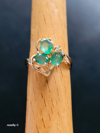 14K Yellow Gold Emerald and Diamond Ring Size 5.75, Solid Gold