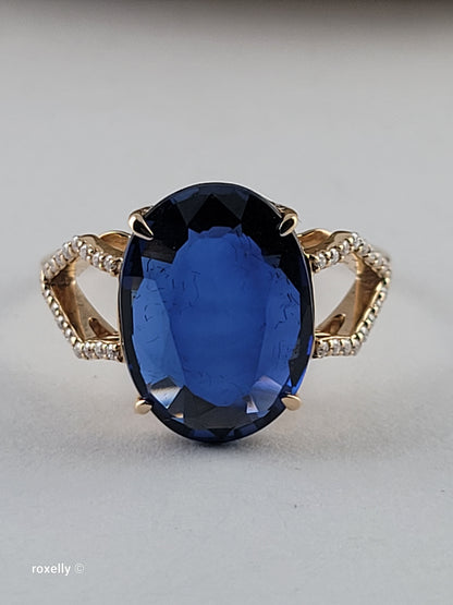 14K Yellow Gold Blue Sapphire and Diamonds Ring Size 6.75, Solid Gold