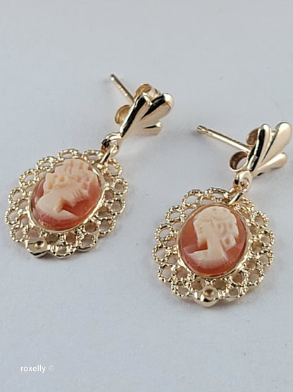 14K Yellow Gold Cameo Design Tiny Earrings, Solid Gold